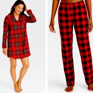 2pc PJS & FLEECE PANT SET L Christmas Plaid Flannel Nightgown Pajamas Wondershop